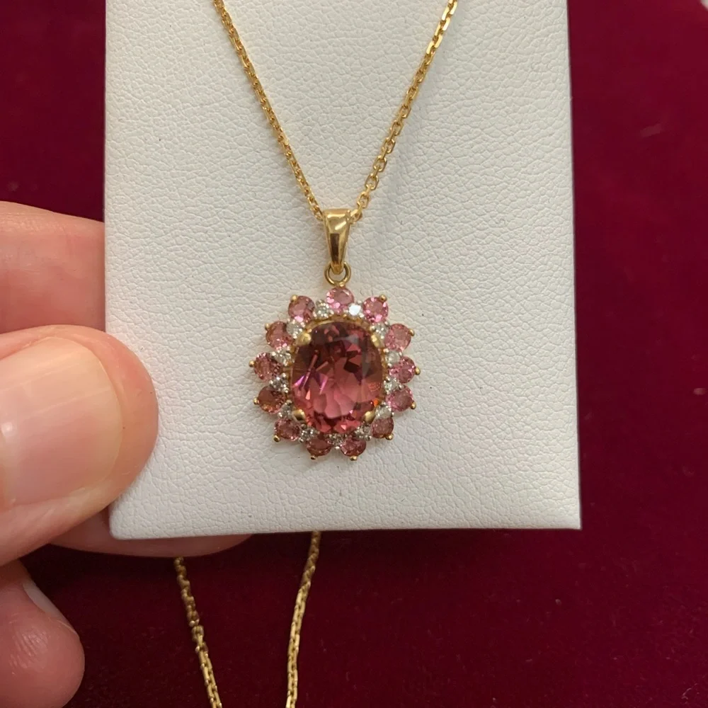 Pink Tourmaline & Diamond 14K YG SUNBURST Pendant w/ 18” Chain - Picture 4 of 10
